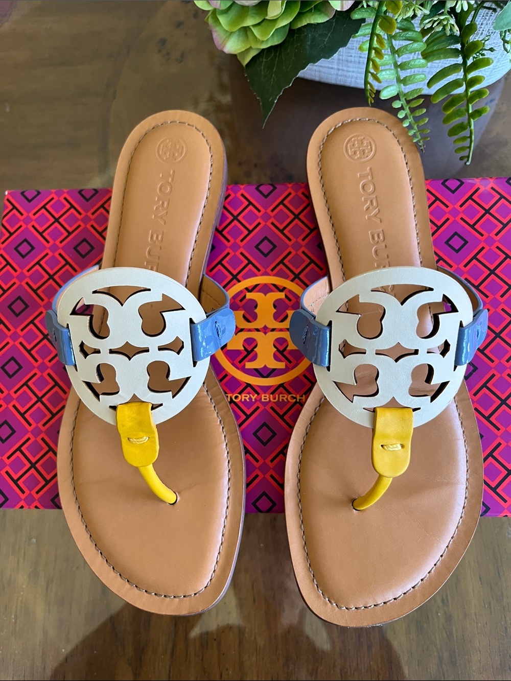 Tory Burch Blue & Yellow Miller Logo Thong Sandals, 8.5